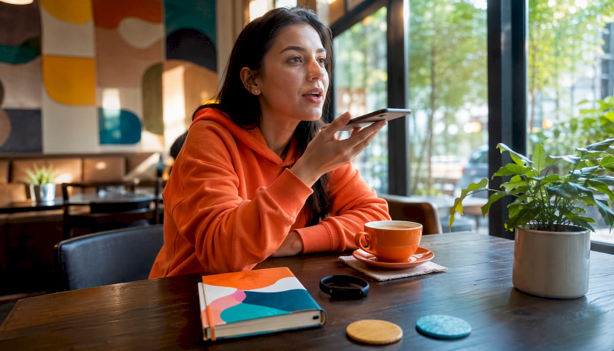 AI Productivity Assistant for Life and Work Balance Woman using AI assistant via smartphone voice command