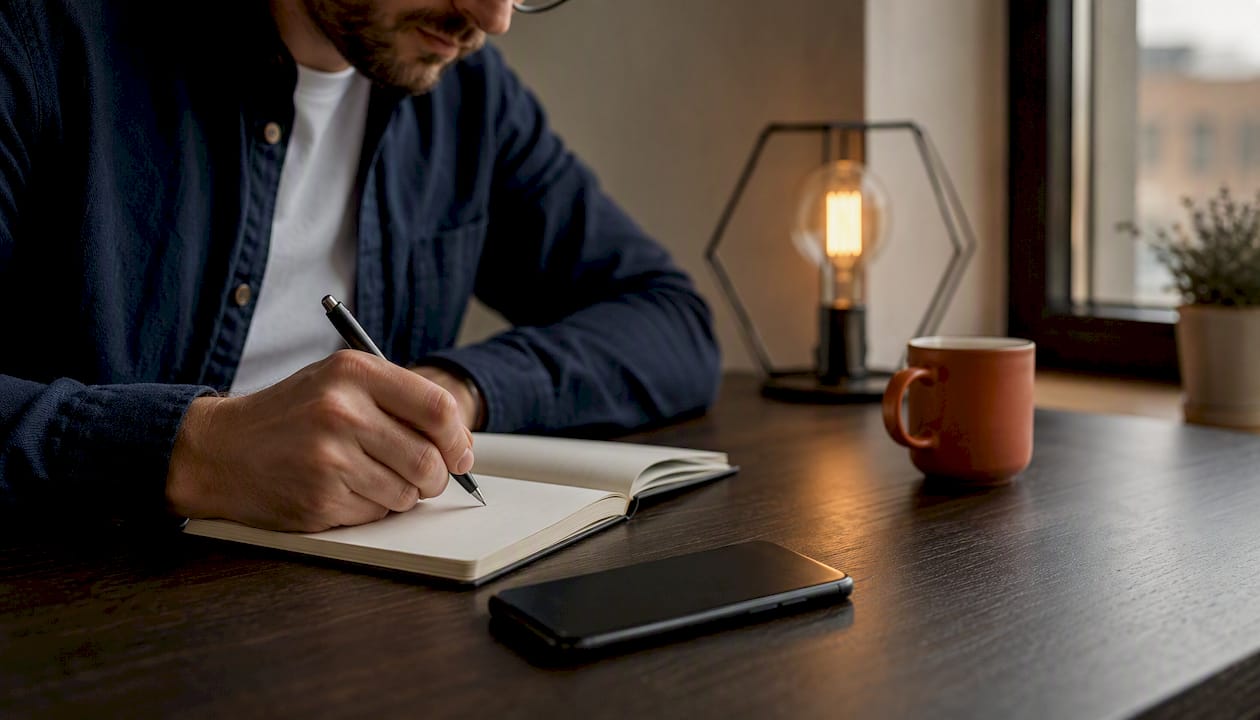 Freelancer robiący notatki obok smartfona