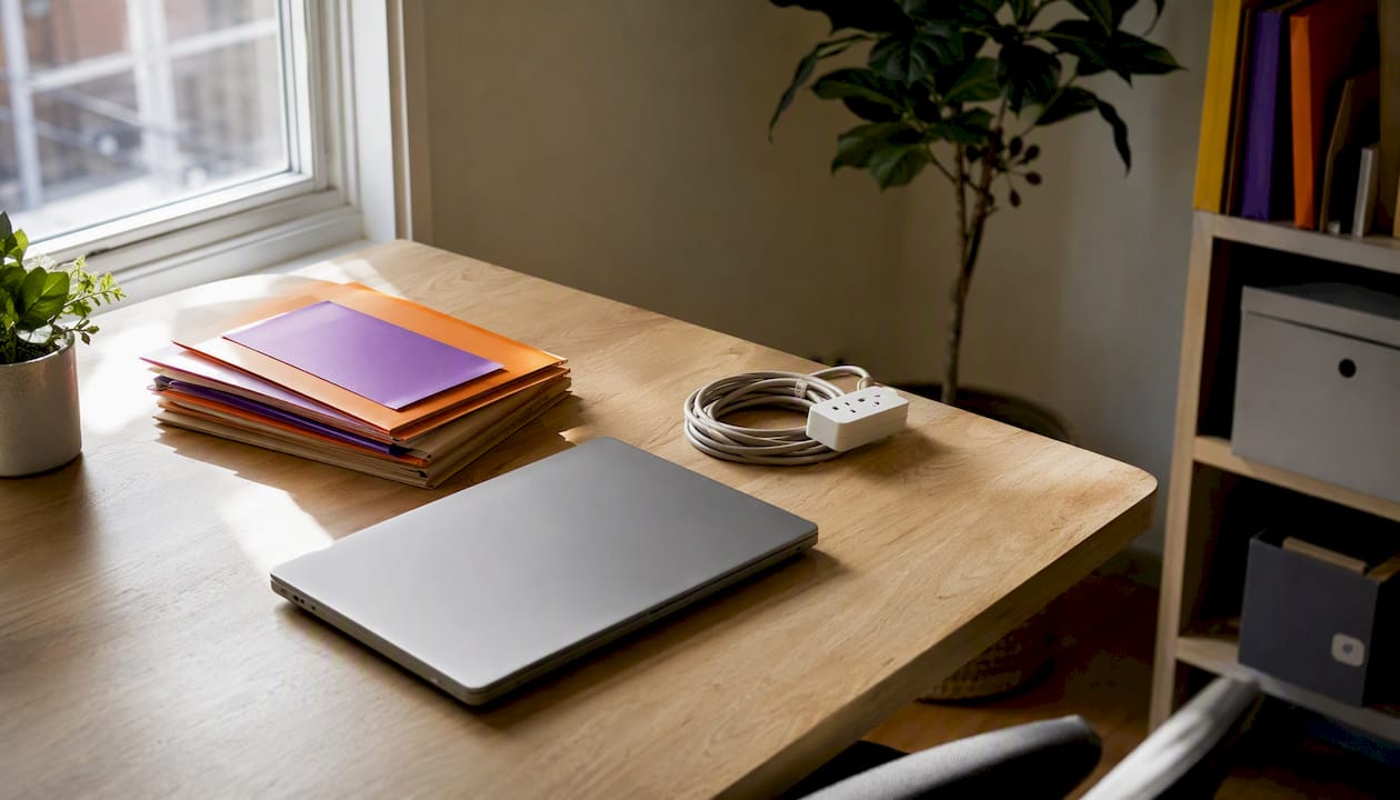 Schreibtisch mit externem Laufwerk und USB-Hub für die Dateiorganisation