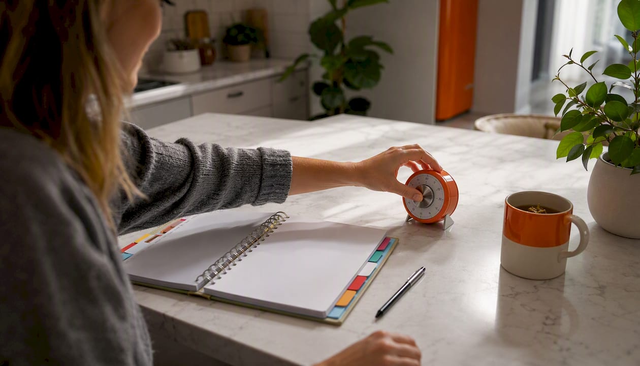 Hand, die einen Timer für das wöchentliche Planungsritual einstellt