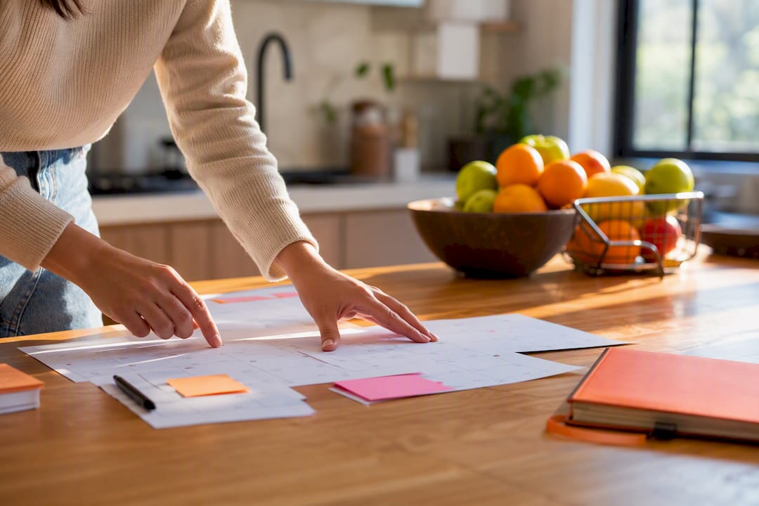 Mains disposant des pages de calendrier et des onglets adhésifs