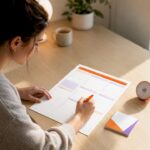 Solopreneur completing a weekly marketing planner