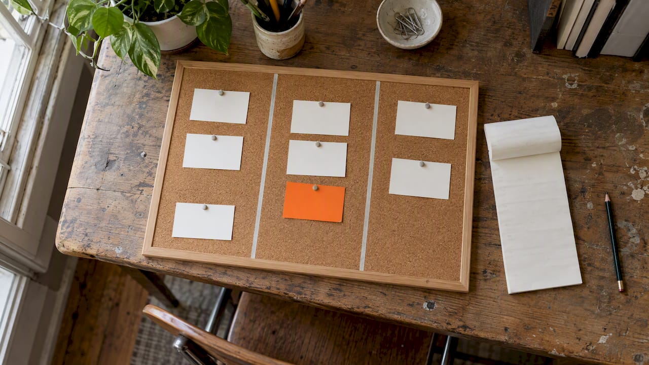 Fysisk Kanban-tavle ved siden af en opgaveliste