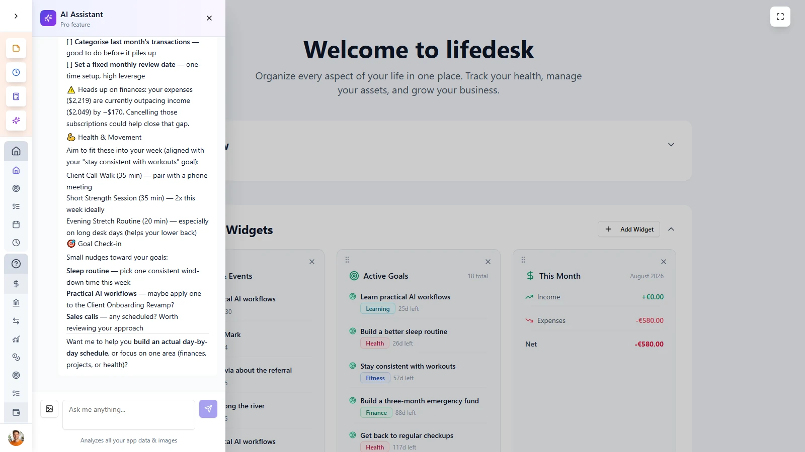 LifeDesk AI Assistant Connected to Your Life Data LifeDesk AI assistant answering a question about week, tasks and spending.