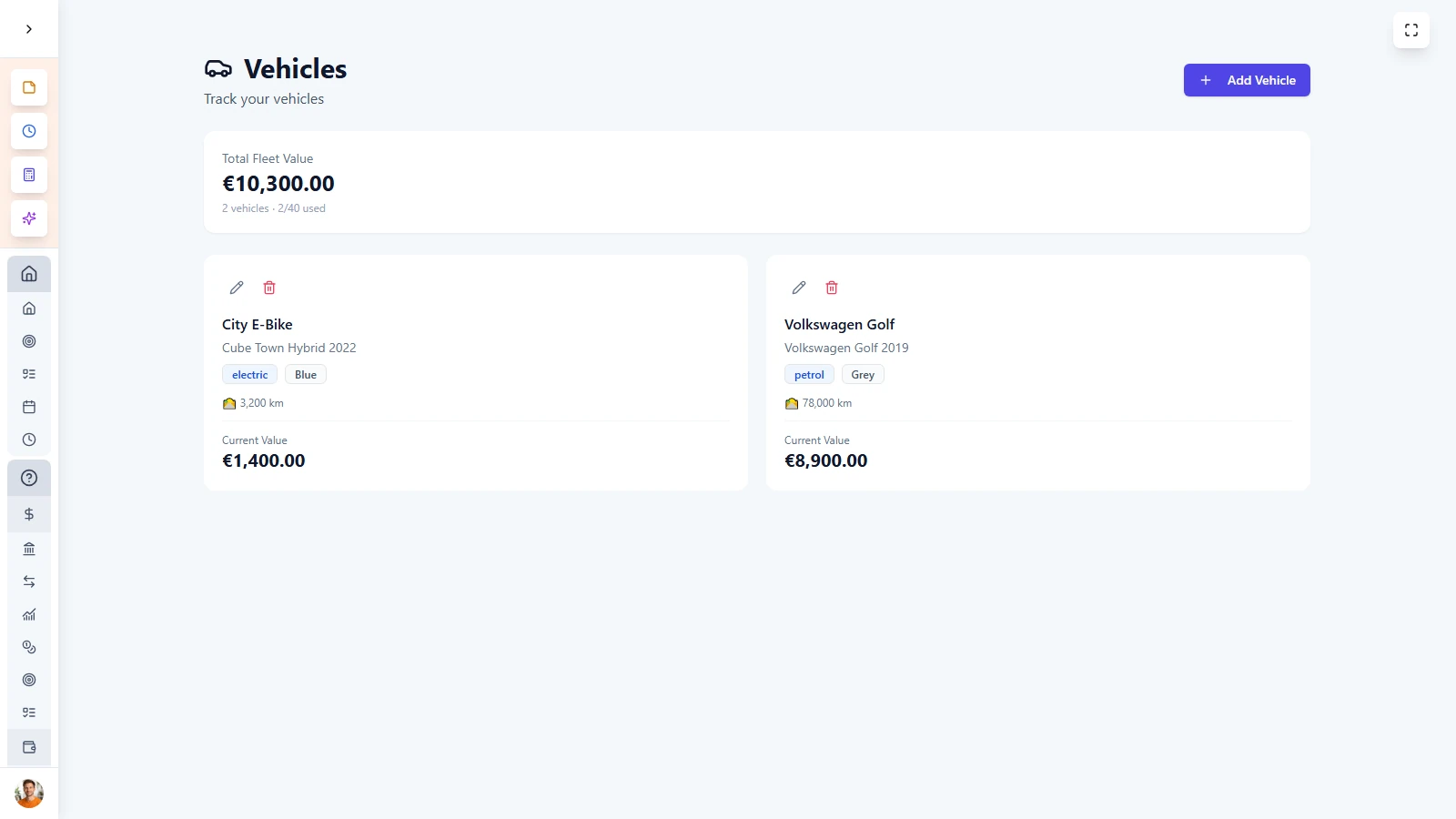 LifeDesk vehicles page showing car and e-bike with values and details.