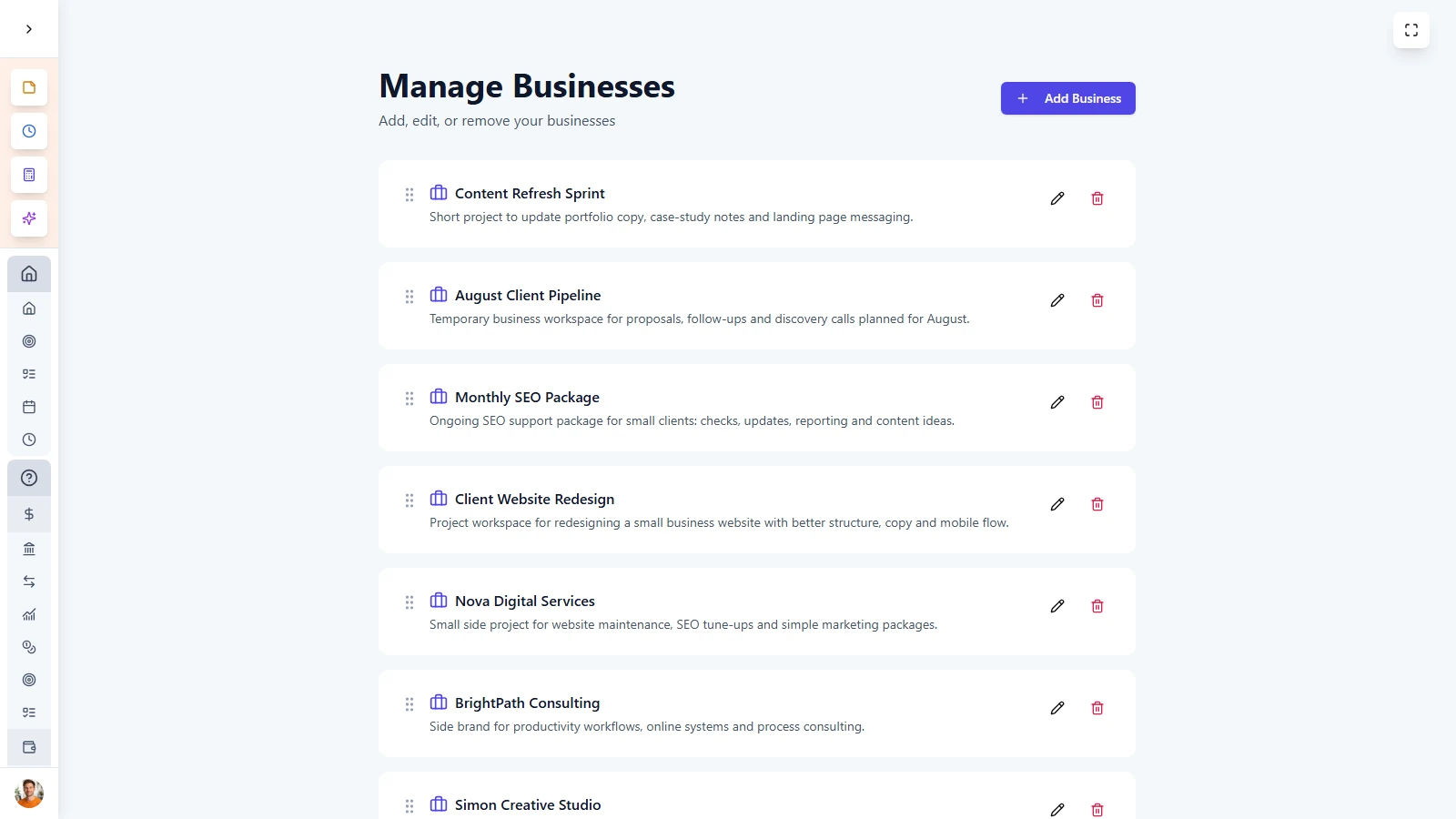LifeDesk all goals page showing private and business goals with progress and target dates.