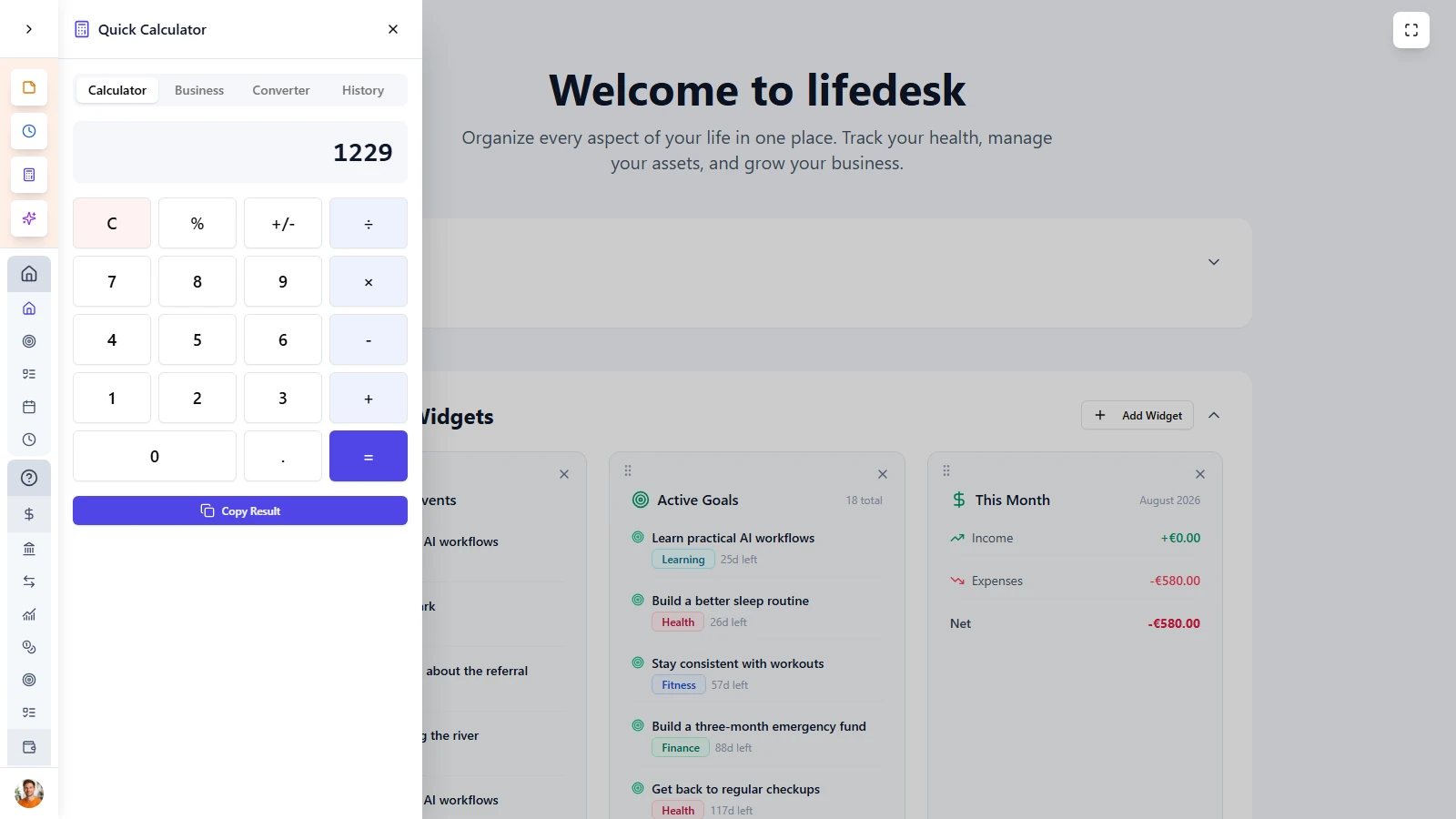 LifeDesk Calculator Quick Tool for Everyday Planning LifeDesk calculator quick tool opened over dashboard, with business and converter tabs.