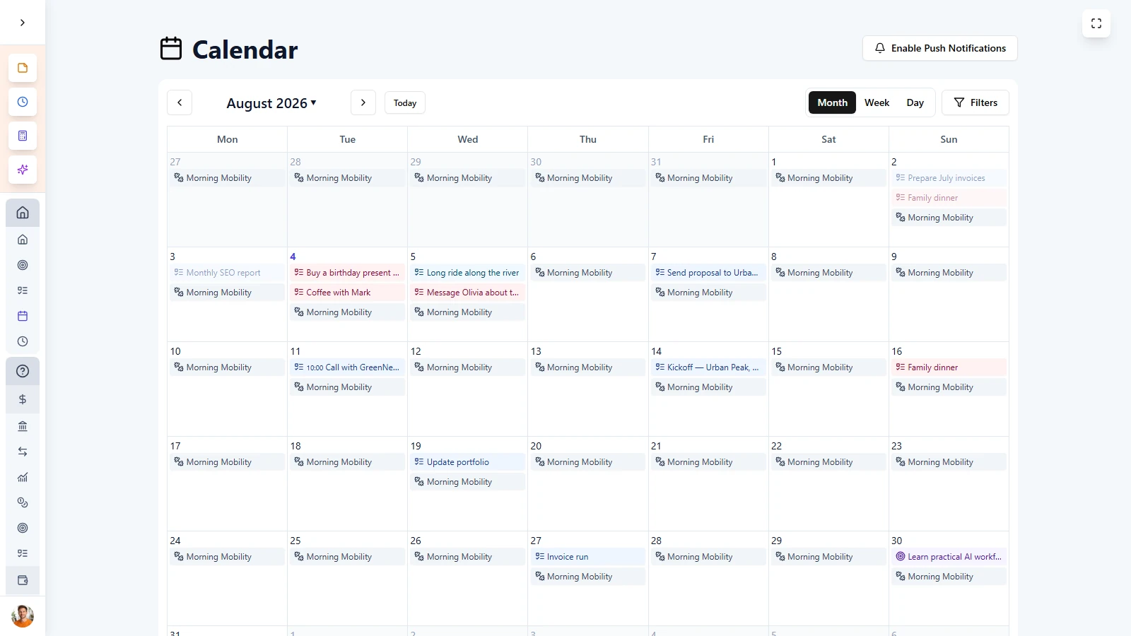 LifeDesk Calendar for Personal and Business Planning LifeDesk calendar showing client calls, workouts and family plans in one month view.