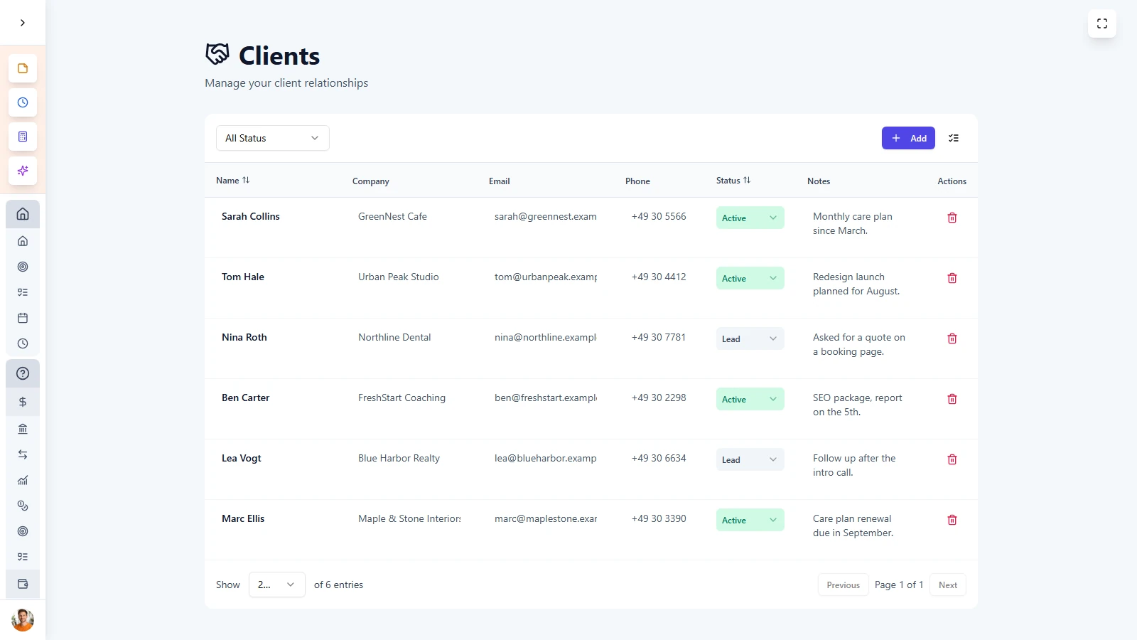 LifeDesk Client Management CRM for Solopreneurs LifeDesk clients page showing client contacts, companies and follow-up status.