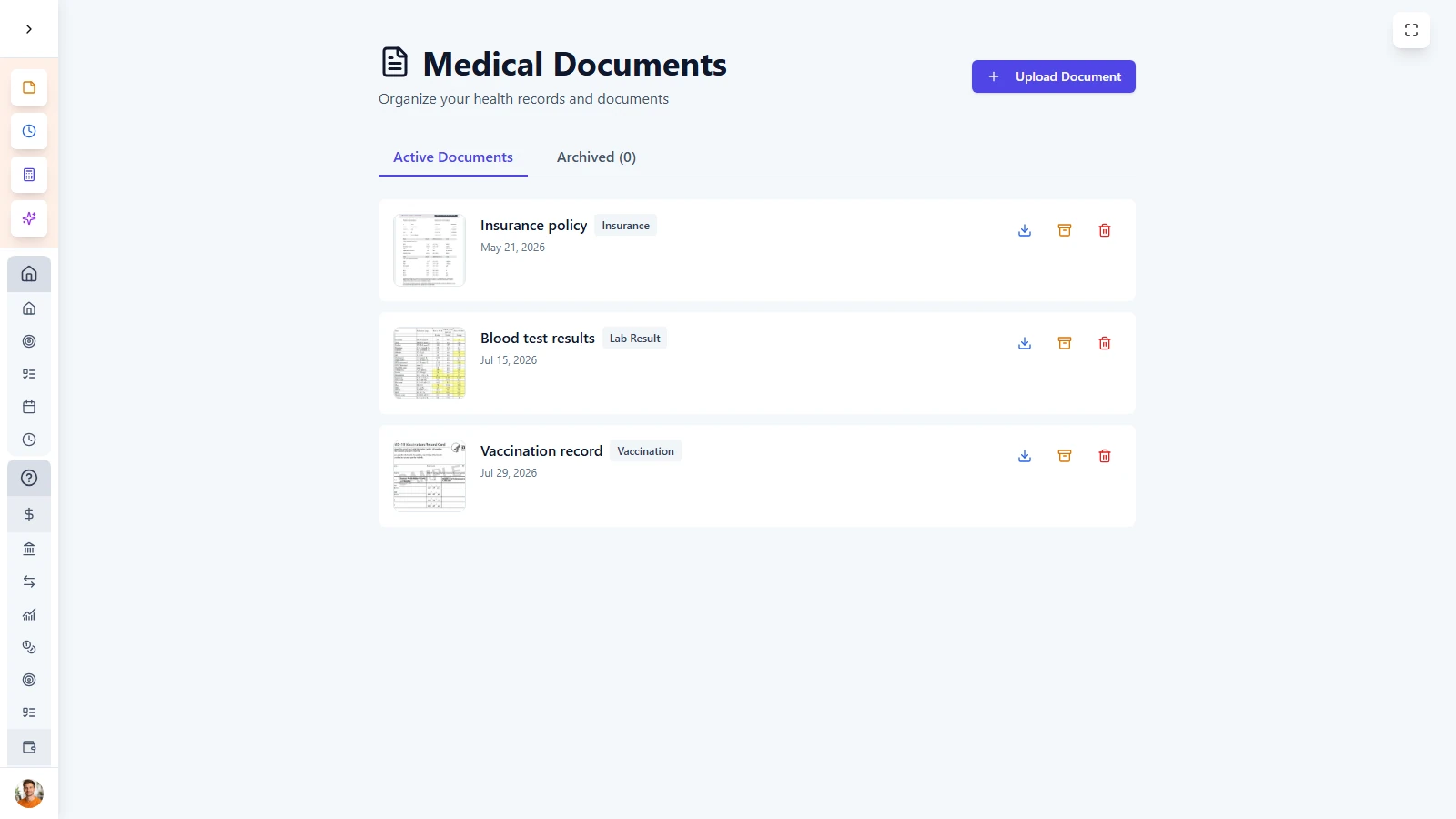 LifeDesk medical documents page with stored reports, letters and insurance files.