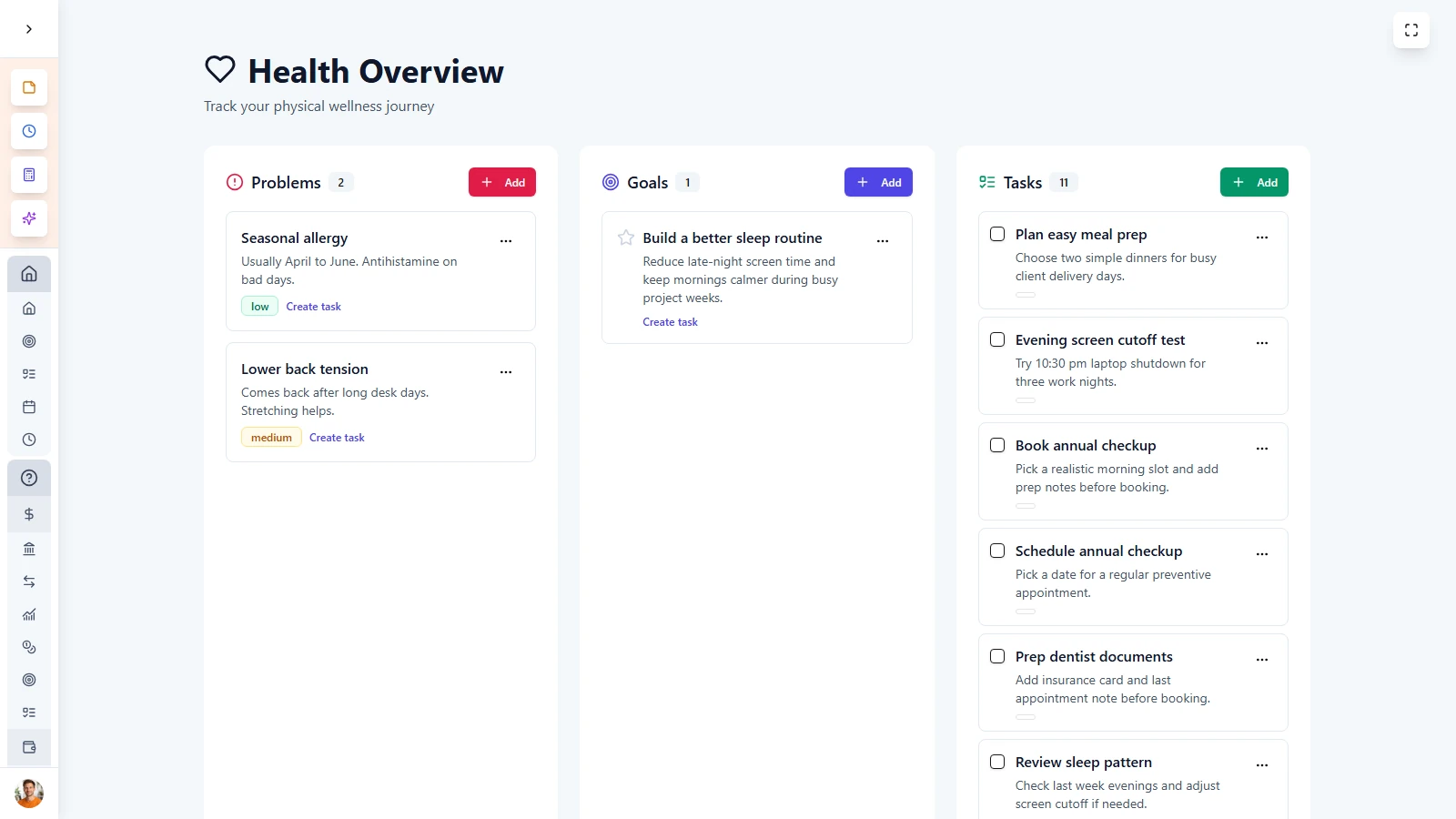 LifeDesk health section with problems, sleep goal and active wellness tasks.