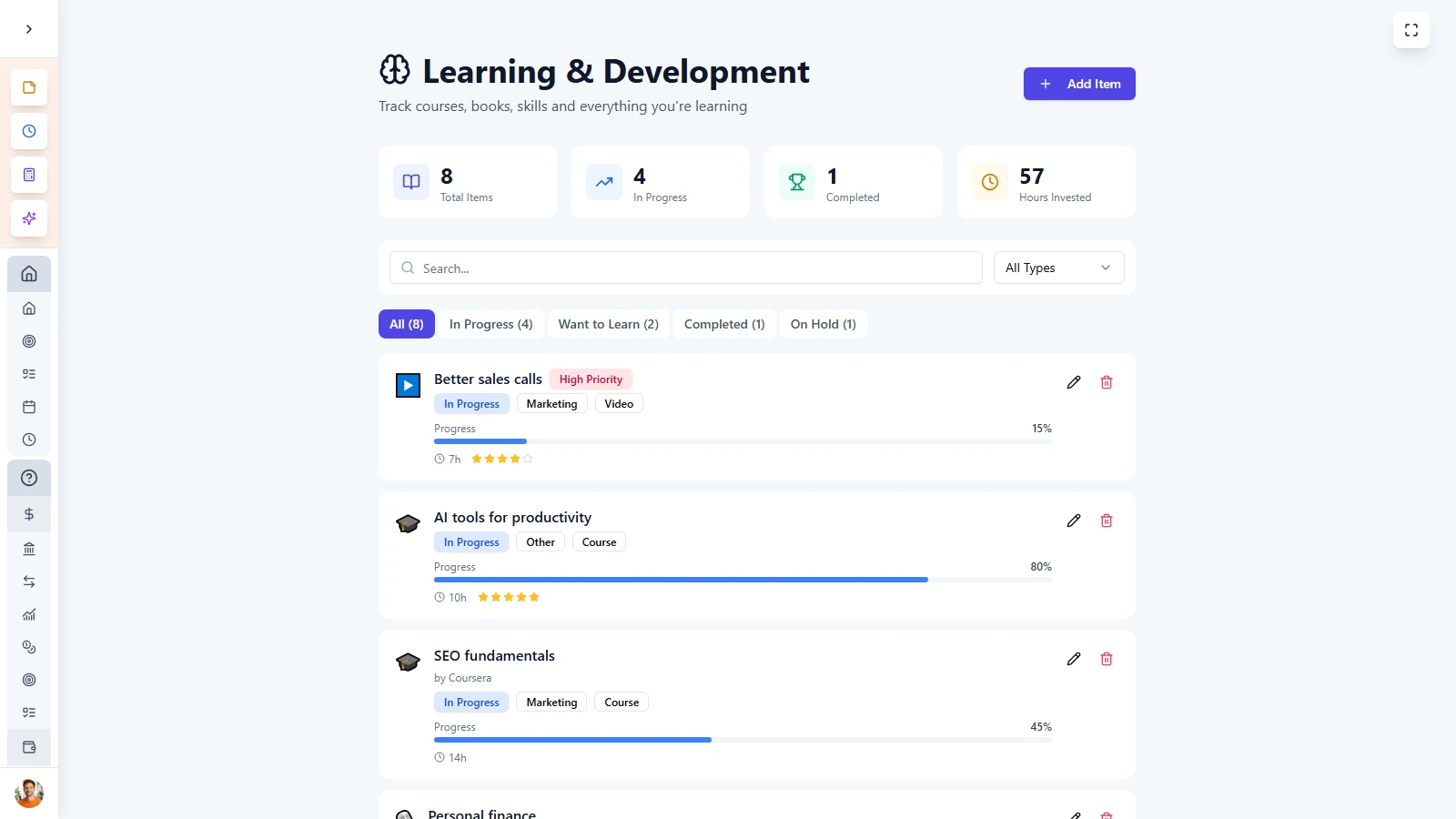 LifeDesk Learning Tracker for Freelance Growth LifeDesk learning tracker with courses, books and professional development items.