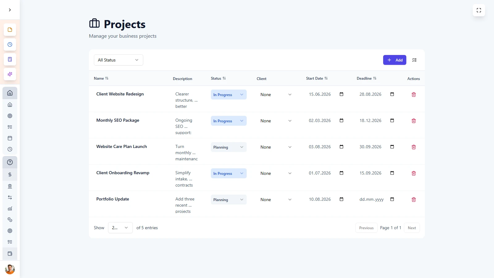 LifeDesk Project Management for Freelancers LifeDesk projects page showing client projects with status, start dates and deadlines.