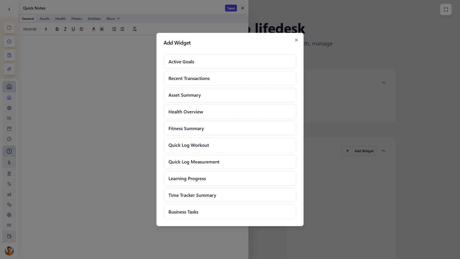 LifeDesk quick notes panel with weekly plan, sorted by life area.