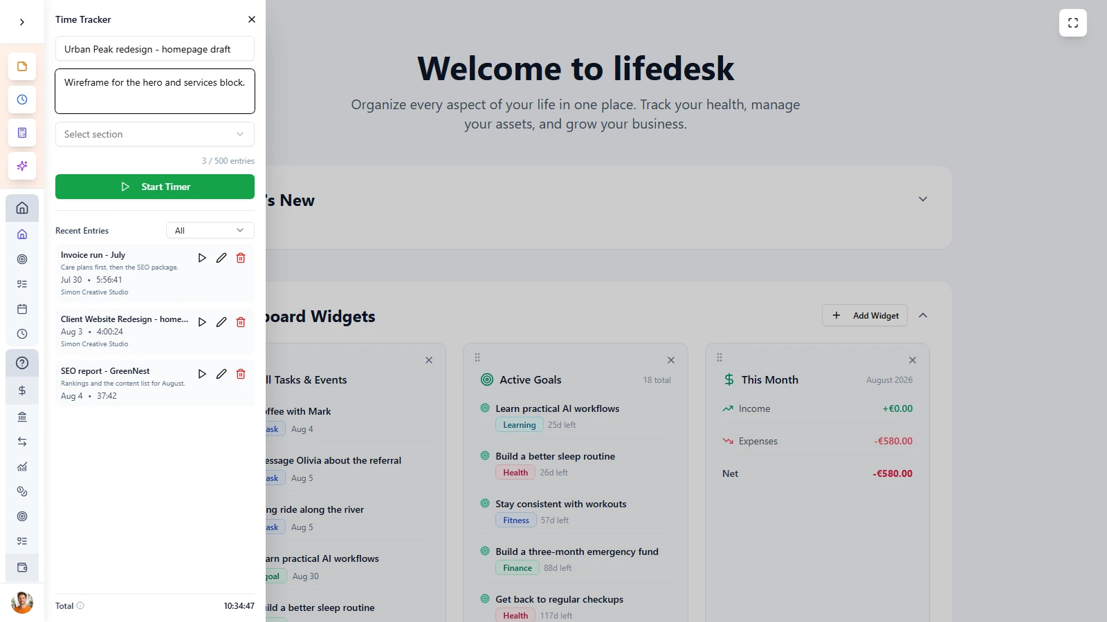 LifeDesk time tracker running a session on client project, with recent entries below.