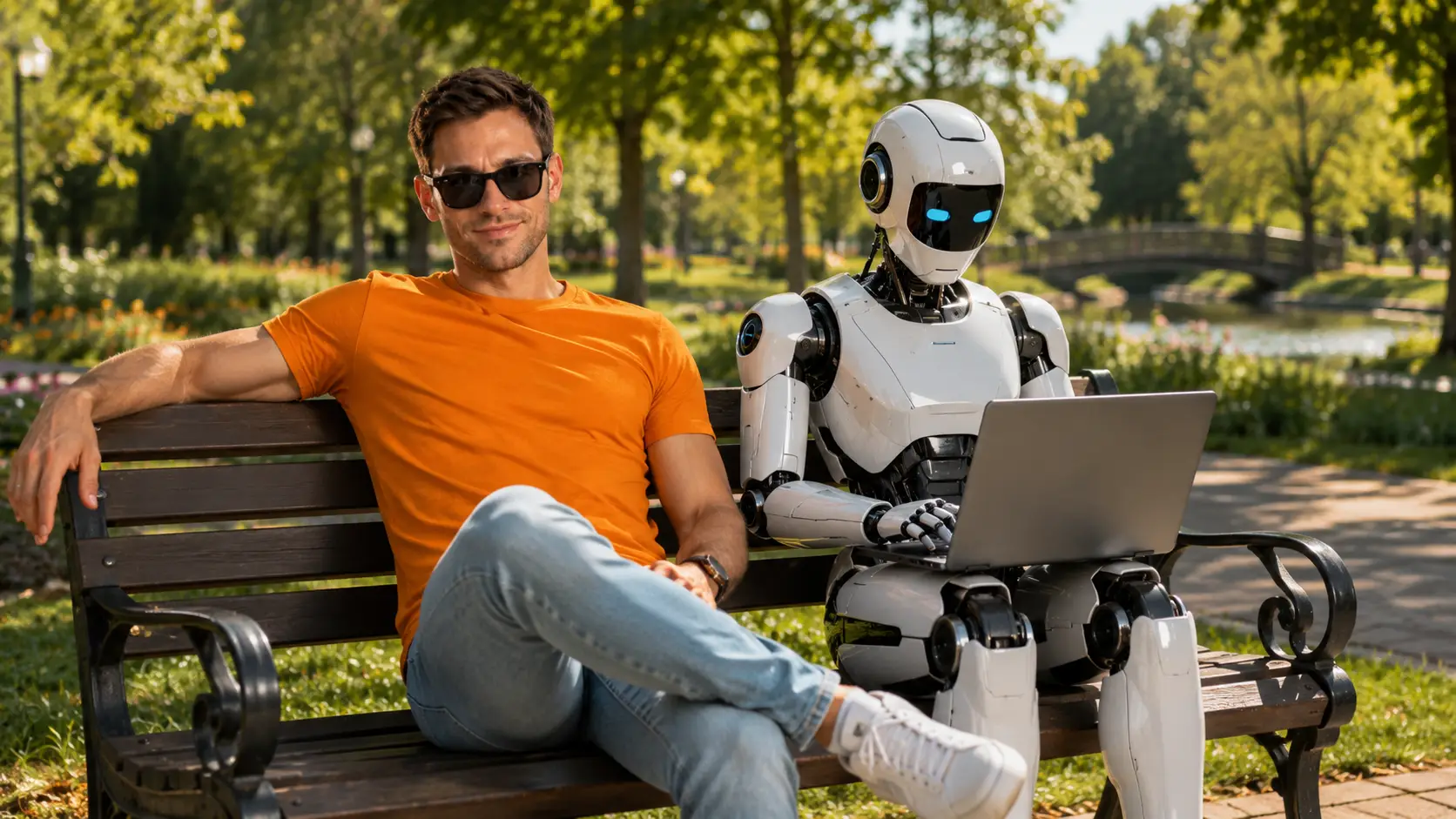 Let Your AI Assistant Handle the Work | LifeDesk Simon in an orange T-shirt and light blue jeans relaxing on a park bench with sunglasses while an AI robot beside him works on a laptop, symbolizing automated task support with LifeDesk