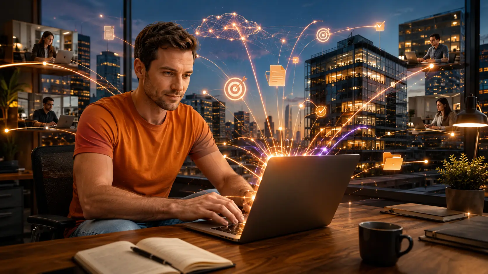 Simon in an orange T-shirt and light blue jeans working at a wooden desk while glowing connections link his laptop to employees and office buildings, symbolizing coordinated business tasks and goals