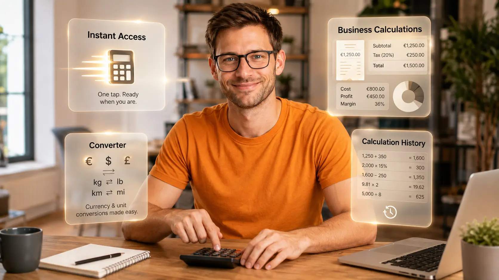 Business Calculator and Unit Converter | LifeDesk Simon using a calculator surrounded by panels for instant access, business calculations, unit conversion and calculation history