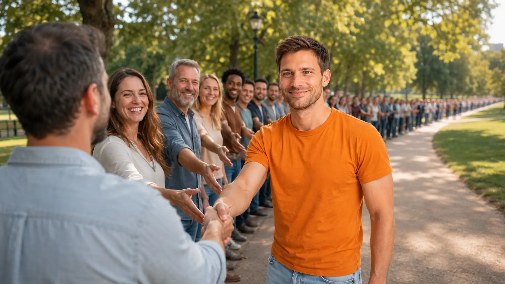 Manage Clients and Build Strong Relationships | LifeDesk Simon in an orange T-shirt and light blue jeans shaking hands with a client in a park while a long line of waiting clients stands behind, ready to greet him
