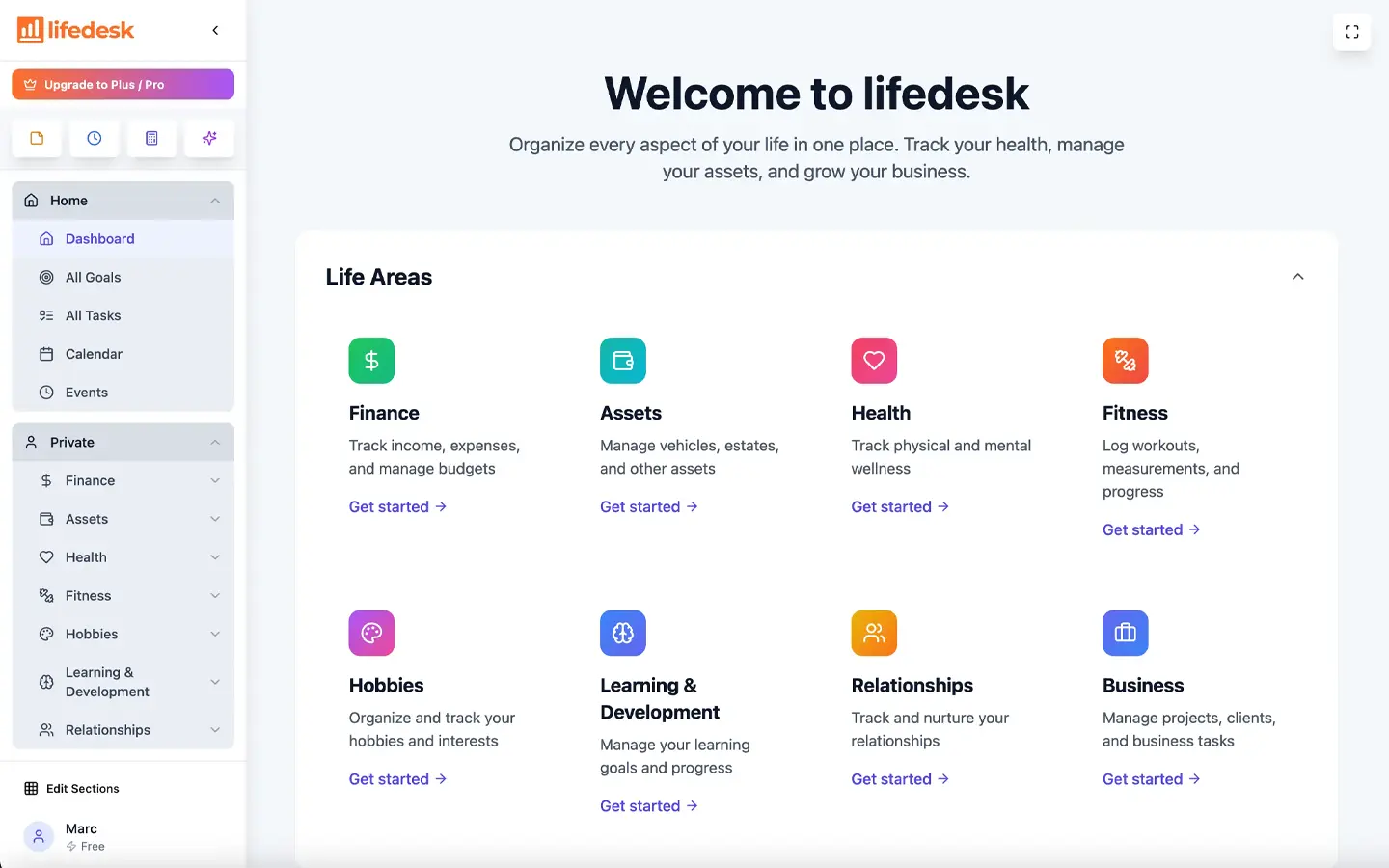 LifeDesk desktop dashboard for life and business management with finance, health, goals, and organization