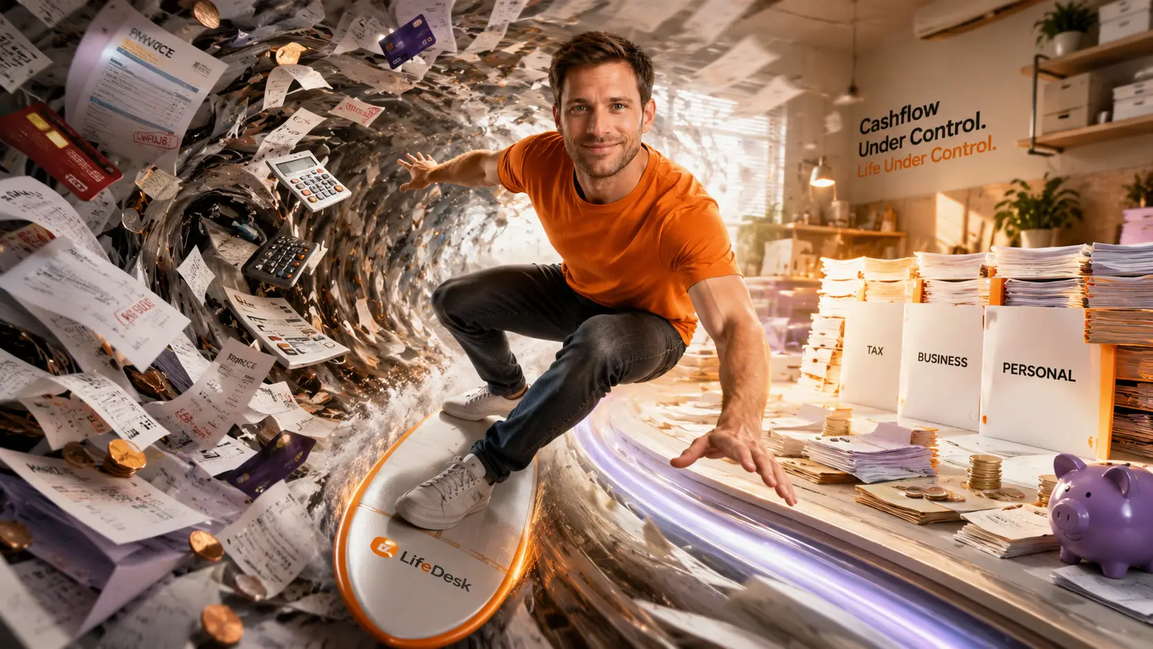 Simon surfing through a whirlwind of receipts and bills, symbolizing control over personal and business finances with LifeDesk