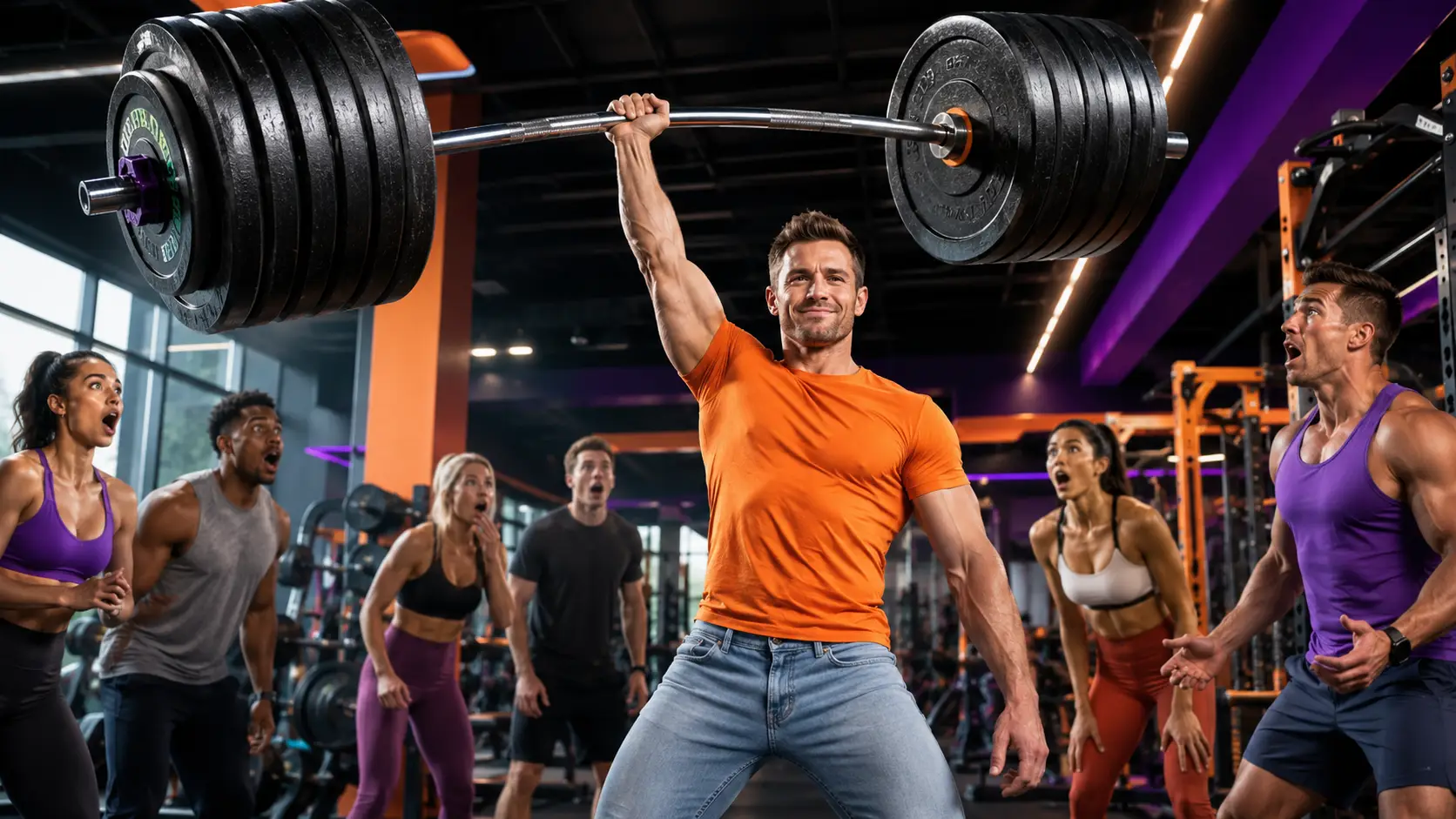 Simon in an orange T-shirt and light blue jeans lifting an extremely heavy barbell with one hand while amazed men and women watch in a modern gym