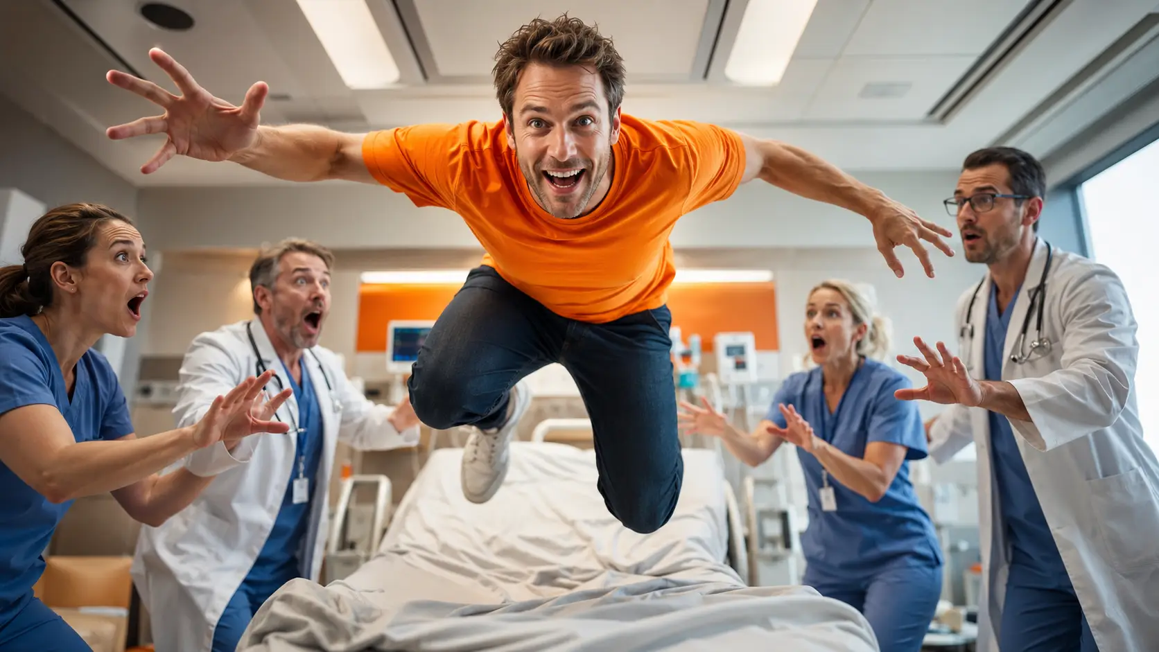 Simon in an orange T-shirt and dark jeans jumping energetically out of a hospital bed while shocked doctors and nurses watch, symbolizing health progress and recovery