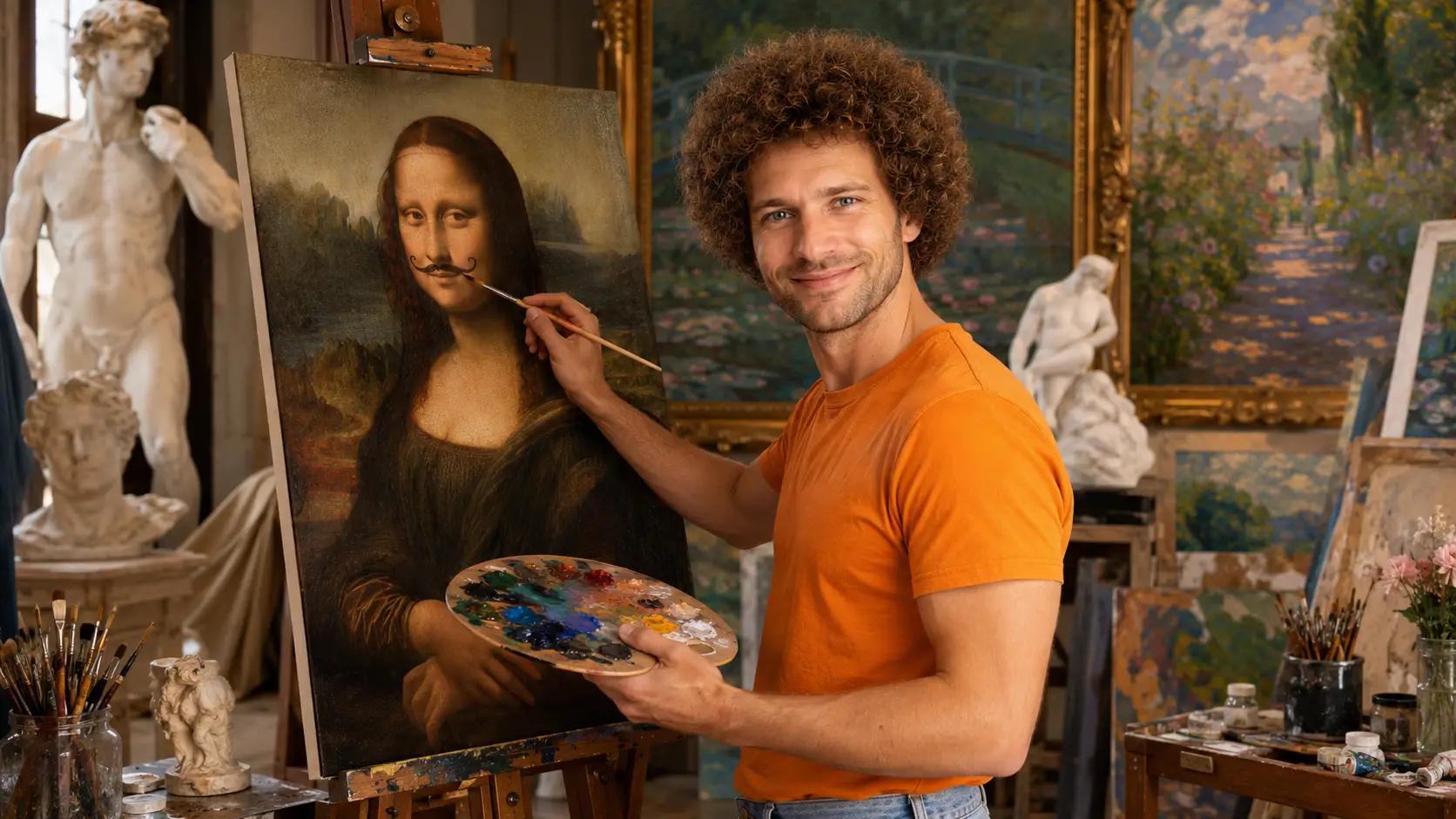 Simon in an orange T-shirt and light blue jeans painting a mustache on the Mona Lisa, surrounded by famous artworks and sculptures