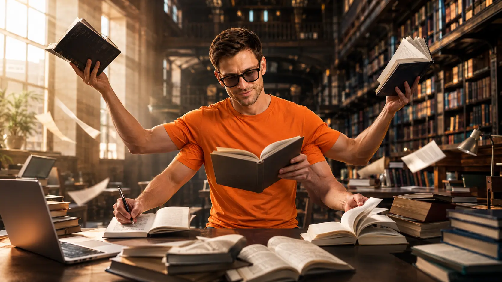 Organize Learning & Personal Growth | LifeDesk Simon in an orange T-shirt and light blue jeans reading several books with five arms in a library, symbolizing organized learning and personal development