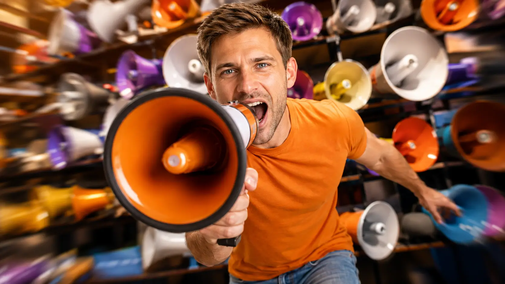 Plan and Manage Marketing Campaigns | LifeDesk Simon in an orange T-shirt and light blue jeans shouting into a megaphone toward the camera, with many colorful megaphones in the background, symbolizing bold and organized marketing
