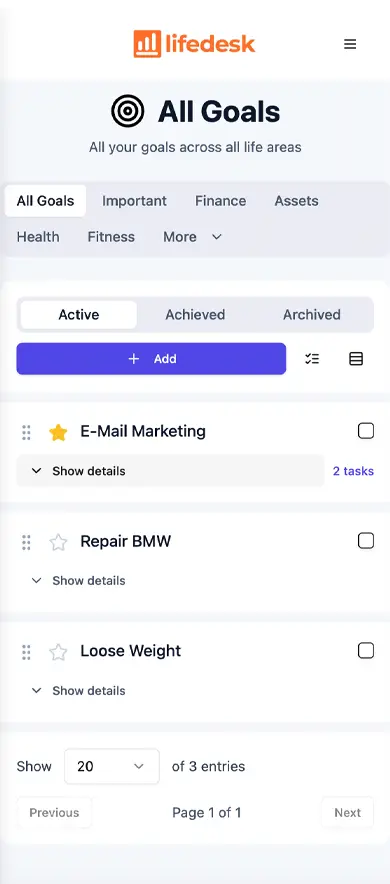 LifeDesk mobile app for goals and tasks with progress tracking and personal organization