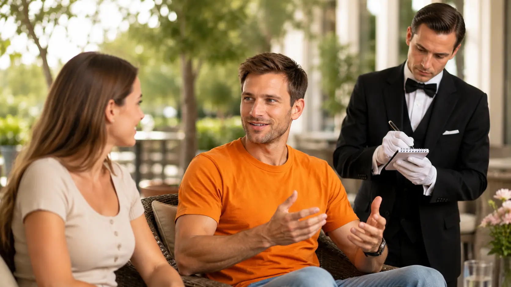 Simon in an orange T-shirt and light blue jeans talking with a woman while a focused butler writes everything down in a small notebook
