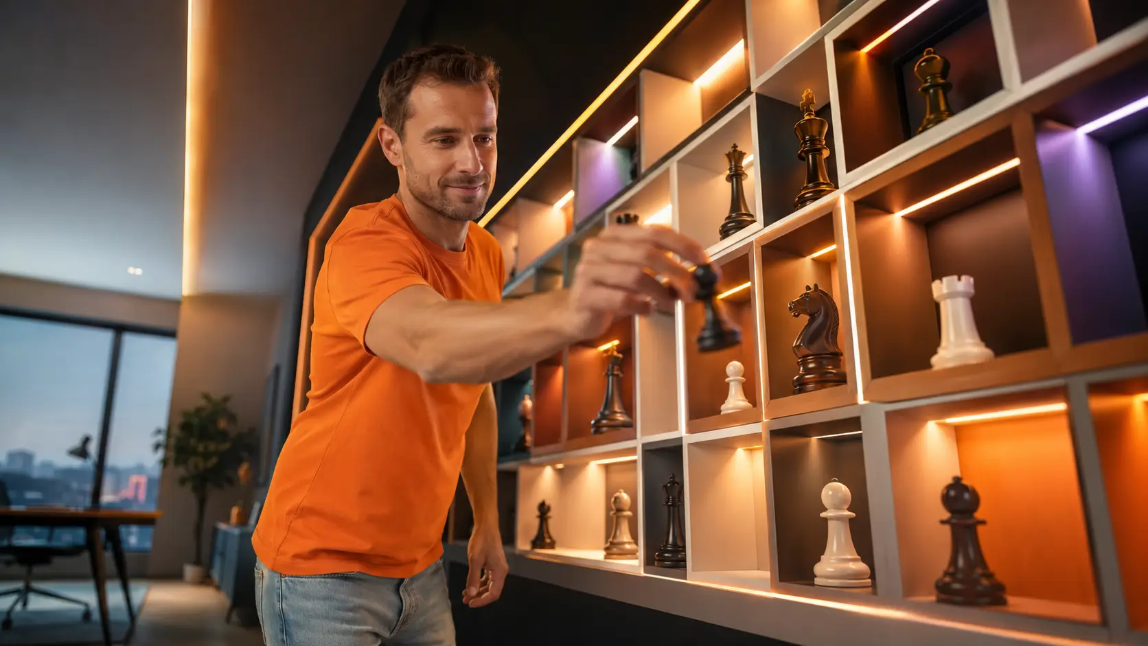 Plan and Manage Projects with Clarity | LifeDesk Simon in an orange T-shirt and light blue jeans placing chess pieces into a futuristic illuminated shelf, symbolizing structured project planning and strategic execution