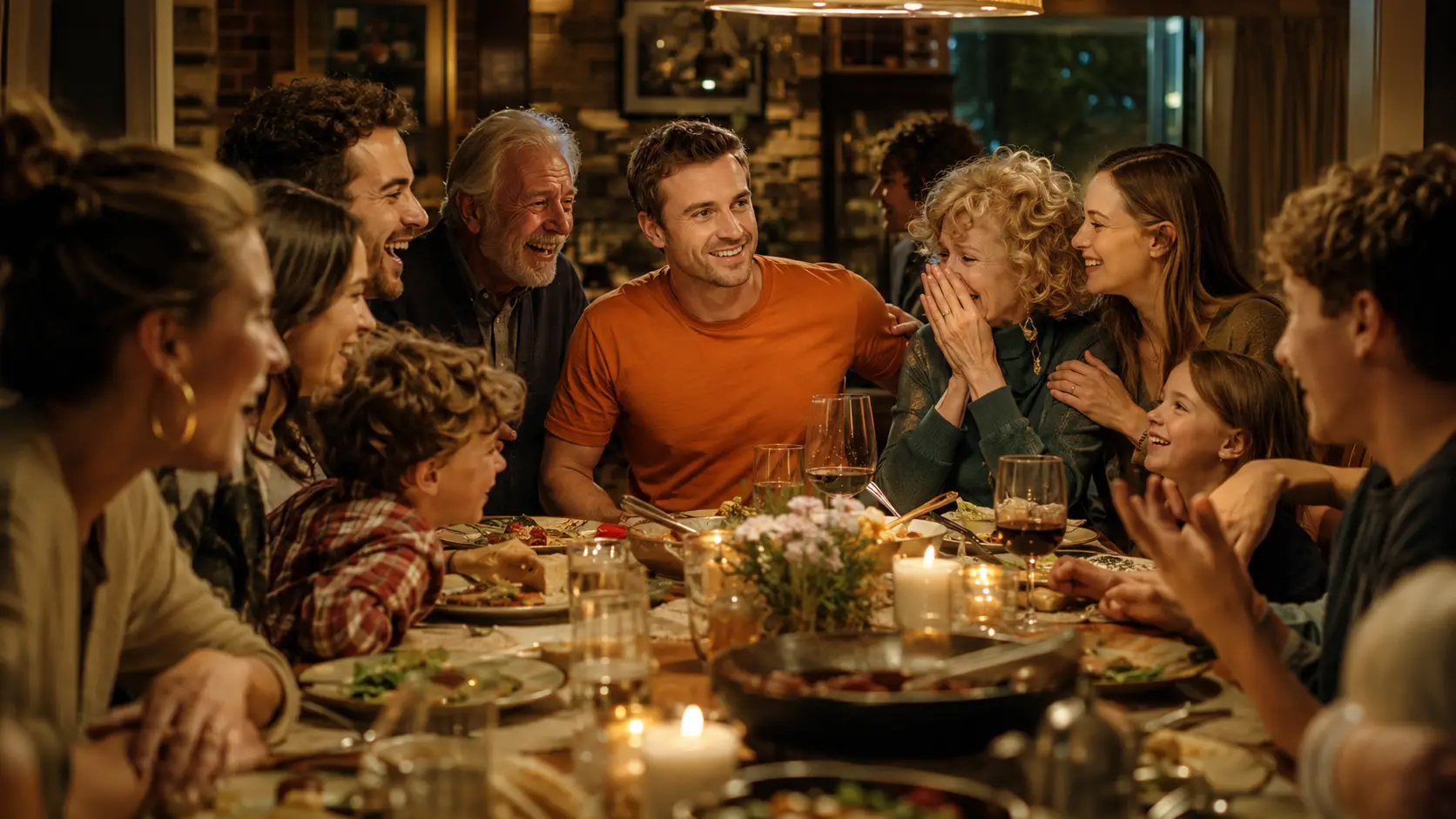 Strengthen Relationships with Family and Friends | LifeDesk Simon in an orange T-shirt sitting at a long dinner table with family and friends, surrounded by laughter, tears and emotional moments