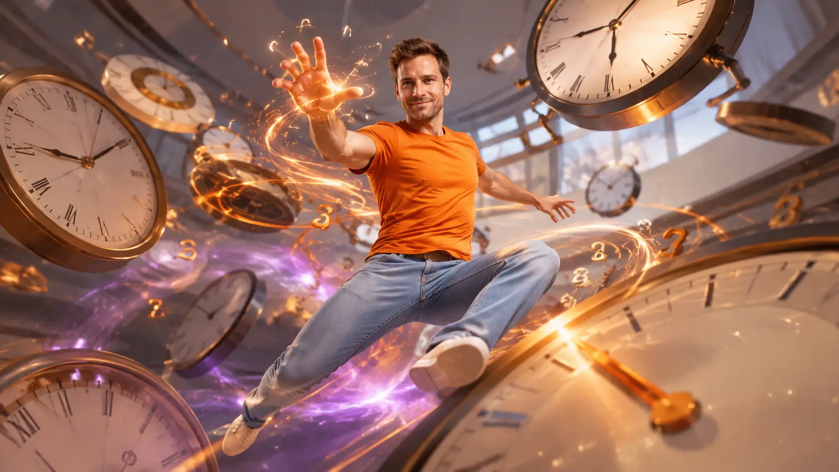 Simon in an orange T-shirt and light blue jeans jumping across giant clocks while controlling time with ease, symbolizing simple and powerful time tracking